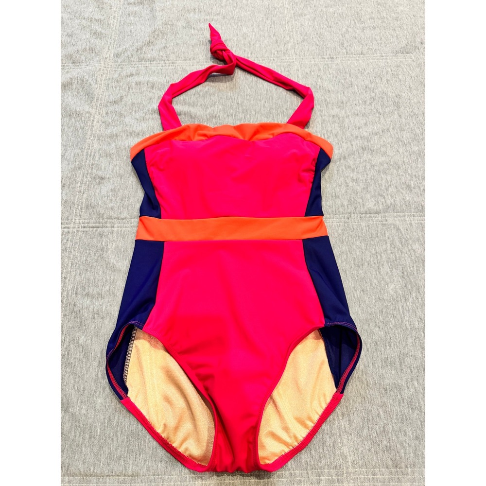 Talbots Colorblock Halter One Piece Swimsuit Pink Orange Navy Blue Size 8 NEW